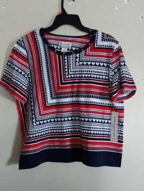 Alfred Dunner NWT Chevron Stripe Embellished Neckline Tee Petite Large Americana